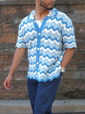 YITAI Blue & White Wavy Crochet Cardigan